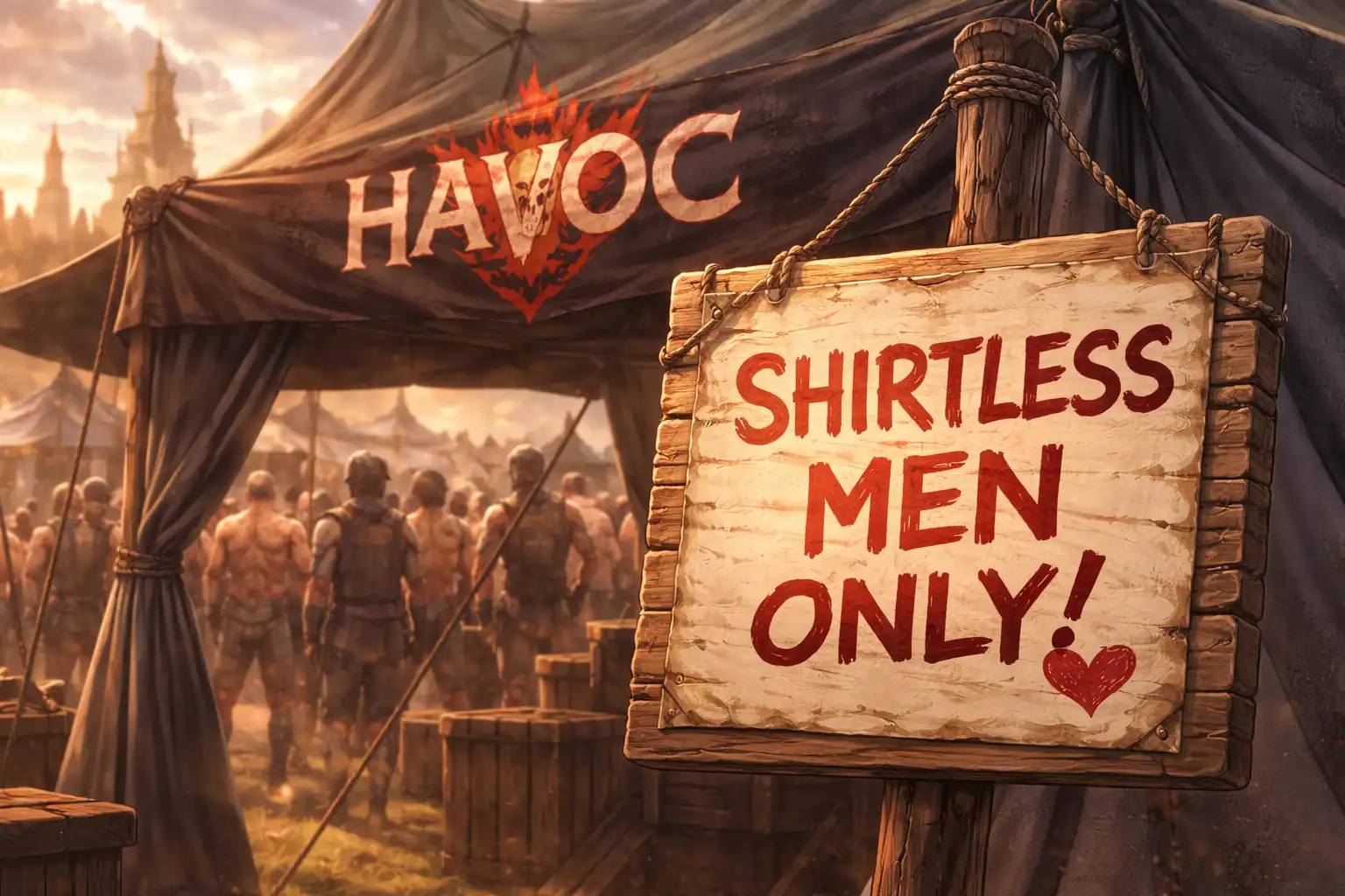 Documentary-style landscape of a HAVOC recruitment tent featuring a 'Shirtless Men Only' sign, while a confused army of muscular gladiators stands in the background and Griff looks on with deep judgment